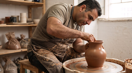 Man shaping a clay vase on a pottery wheel. Artisan craftsman working in a creative workshop. Handmade ceramic art concept
