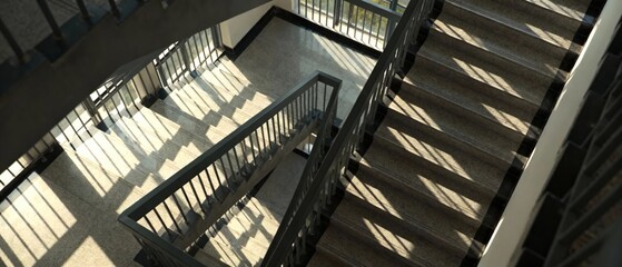 Obraz premium Sunlight Casts Repeating Grid Shadows Across Stairwell, Crisp Rails And Landings, Layered Patterns, High Contrast Interior, Strong Linear Perspective, Architectural Rhythm