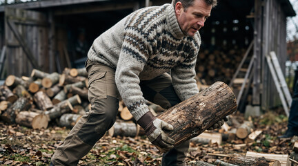 Man lifting a heavy log while stacking firewood in a rural backyard. Preparing wood fuel for the winter season. Rustic lifestyle and manual labor concept