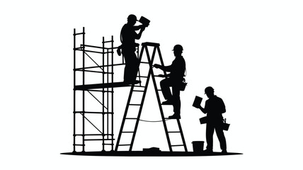 Construction workers on scaffolding and ladder working diligently