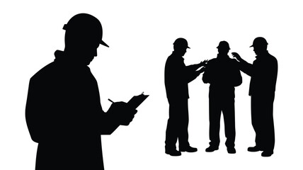 Silhouettes of construction workers discussing on site with clipboard