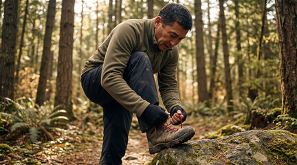 Man tying his hiking boots on a trail in a sunlit forest. Hiker preparing for an outdoor adventure in the woods