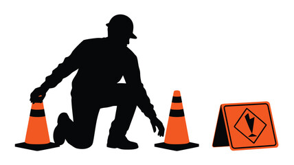 Construction worker setting up road cones and warning sign