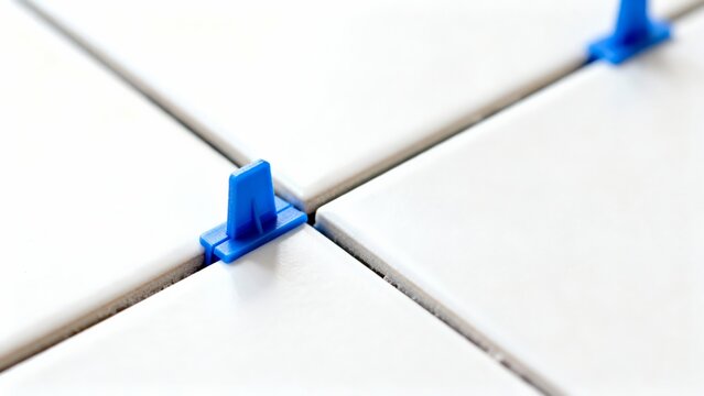 White Ceramic Tiles With Blue Spacers Closeup Showing Grout Lines And Precise Alignment During Floor Installation, Smooth Surface And Clean Joints Creating Modern Bathroom Vibe,