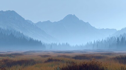 Misty Mountain Landscape Serene Morning Scene of Foggy Forest  Peaks.