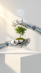Futuristic robot hand planting young tree, sustainable innovation 3D illustration, glowing soil, ultra realistic eco technology concept on clean white background