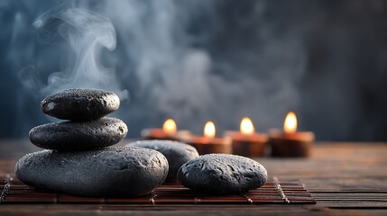 Spa scene showcasing a stack of smooth stones, candles, and steam. Wooden mat surface