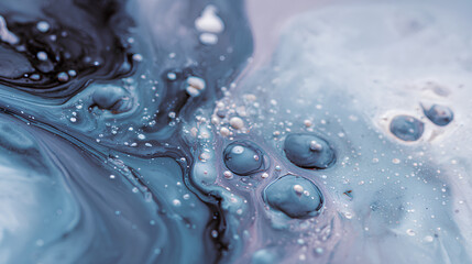 Macro shot of fluid art with soft blue, gray, and lilac tones. Gentle swirls and bubbles create a calm, dreamy texture ideal for minimalist or spa-related design themes