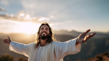The joyful figure of Jesus in a light robe with outstretched arms, standing on a high mountain at dawn, is an image of faith, love, and spiritual rebirth. The Resurrection of Christ and Easter