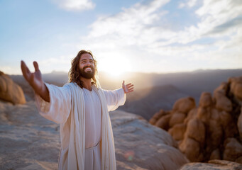 The joyful figure of Jesus in a light robe with outstretched arms, standing on a high mountain at dawn, is an image of faith, love, and spiritual rebirth. The Resurrection of Christ and Easter