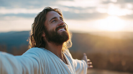 The joyful figure of Jesus in a light robe with outstretched arms, standing on a high mountain at dawn, is an image of faith, love, and spiritual rebirth. The Resurrection of Christ and Easter