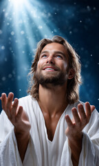 A joyful Jesus in a light robe raises his hands in prayer and looks to heaven against a backdrop of divine light and rays. An image of resurrection, faith, prayer, and spiritual rebirth.