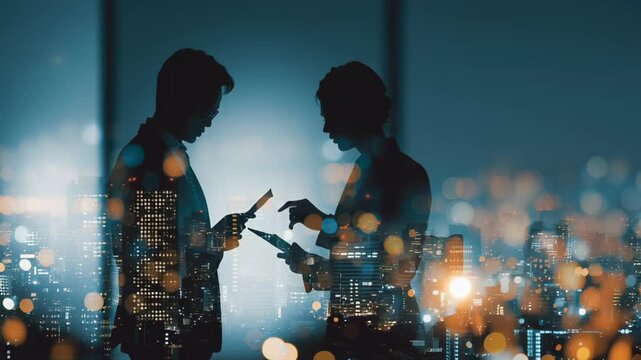 Double exposure of business people holding documents and cityscape at night.
