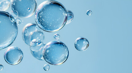 Macro shot of transparent blue bubbles of various sizes suspended in water, on a light blue background. Clean, minimalist, and airy composition, soft lighting and clear copy space. cosmetic concept.