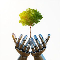 Futuristic eco technology 3D illustration, robotic hands gently holding green tree, harmony of nature and AI, ultra realistic white background concept art
