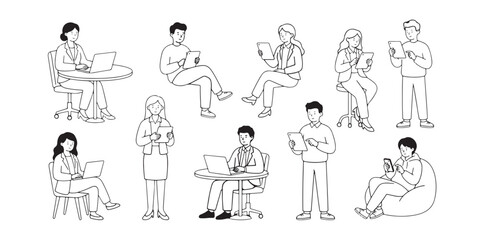 Set of business characters flat vector line art  illustration using technology