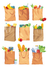 Collection of paper shopping bags products grocery. Vegetables, bread, dairy products, vine, meat and eggs. Grocery supermarket. Fresh healthy produce. Grocery delivery concept