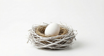 Elegant white egg nestled in natural twig bird's nest