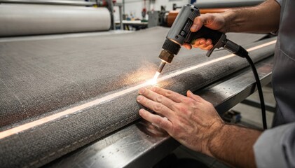 Skilled worker sealing straight seams on heavyduty synthetic canvas using a hotair welding device focusing on industrial fabric manufacturing process.