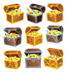Treasure gold coins. Old sack full of shiny royal gold and gemstones. Chest full of gold treasure, shiny savings. Pot with gold, cauldron with golden coins isolated on white background. Vector icons
