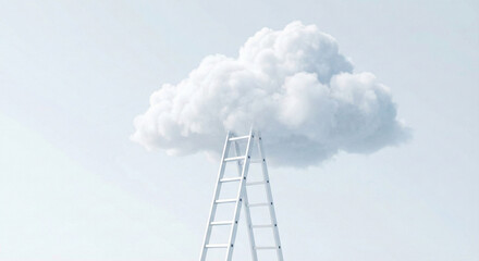 White ladder reaching up to a large fluffy cloud in sky