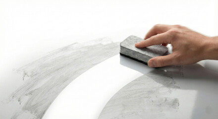 Hand cleaning surface with grey sponge on white background