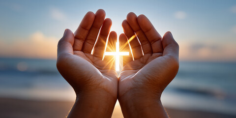 Two palms, raised to the sun, carefully hold a luminous abstract cross against the backdrop of the sea horizon, at sunset. symbol of faith, hope, prayer and spiritual light.