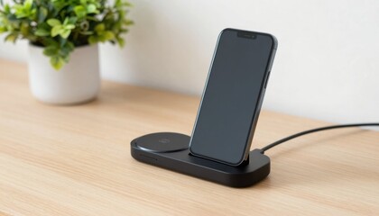 Wireless charging station for smartphone battery modern office workspace technology setup minimalist environment close-up viewpoint innovative concept