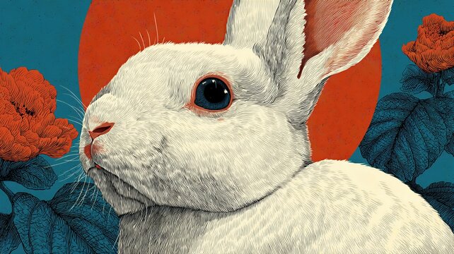 White rabbit illustration with orange flowers and red sun on blue background. Easter animal artwork for spring celebration. Nature and wildlife concept