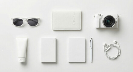 Minimalist white travel accessories arranged on clean surface
