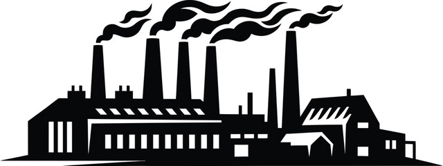 Obraz premium a stark black and white illustration depicts an industrial complex with multiple smokestacks emitting dark plumes of smoke suggesting pollution and manufacturing
