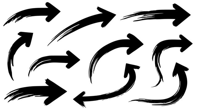 Collection of hand drawn black directional arrows featuring various curves and sweeping brushstroke styles for design.