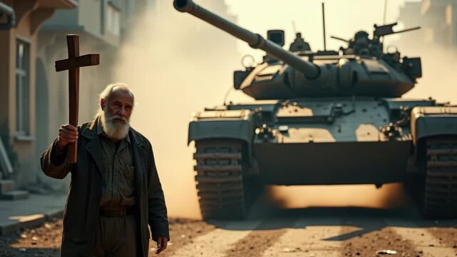Elderly man holding a cross confronts an advancing military tank. A powerful symbol of faith and resistance during war. The concept of courage against conflict