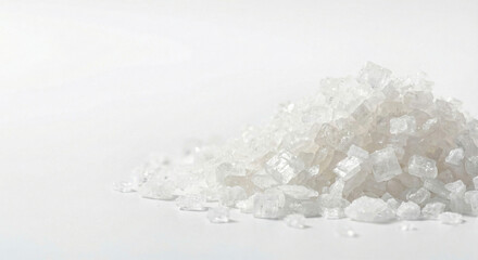 Pile of crystalline sugar on white background for culinary use