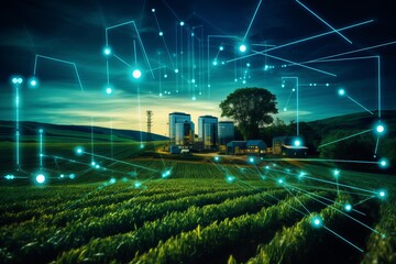 Digital network lines and glowing nodes spreading over green farm fields towards modern buildings
