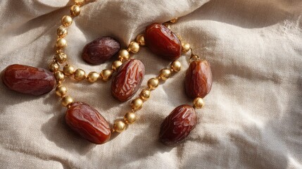 Close up of dates and golden beads on beige fabric background