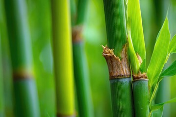 Fototapeta premium Close-up of vibrant green bamboo stalks, fresh leaves, natural bokeh, soft lighting