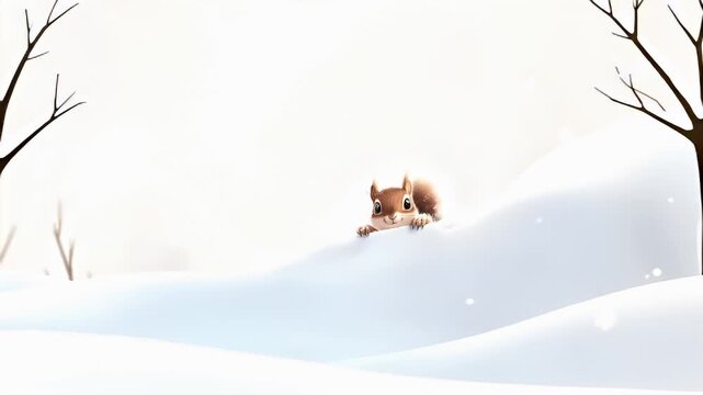 A digital artwork of a squirrel peeking out from behind a snowy surface. The squirrel is depicted in a side profile, with its head slightly tilted and eyes wide open, giving it a curious expression.