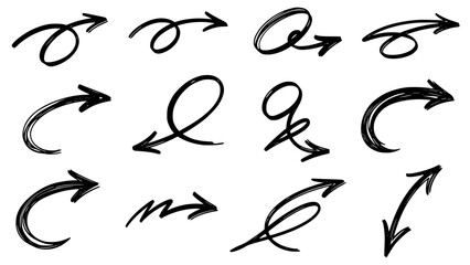 Collection of twelve hand drawn black arrows featuring scribbled loops, curves, and directional indicators against white