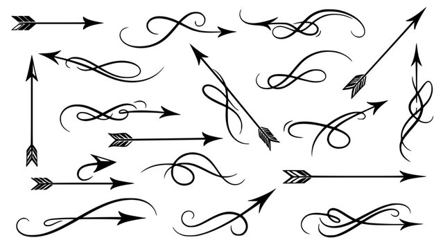 Collection of ornamental black tribal style arrows featuring decorative swirls and classic vintage pointing elements