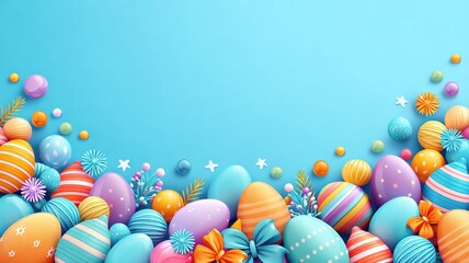 Many colorful Easter eggs and decorative elements on a vibrant blue background. Spring holiday theme for greeting card design