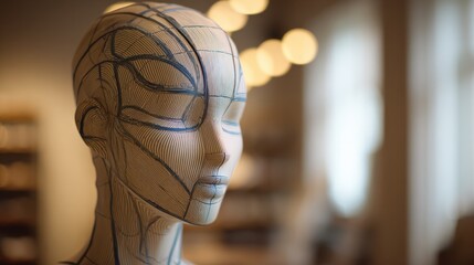 Sensorized mannequin head in medium shot capturing dynamic usage data during advanced haircut styling exercises with a softly blurred background.