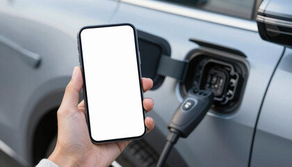 Wireless charging action for smartphone battery at electric vehicle charging station modern environment close-up viewpoint innovative concept
