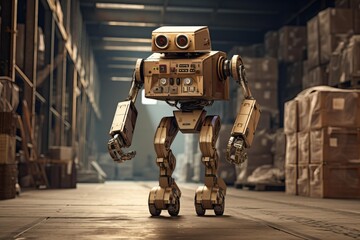 Robot walking in a warehouse aisle managing cargo boxes and automating logistics