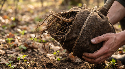 Hands holding a young tree sapling with roots wrapped in burlap. Planting for environmental conservation and nature growth