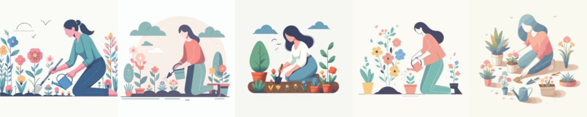 A Girl Planting Flowers Vector Illustration