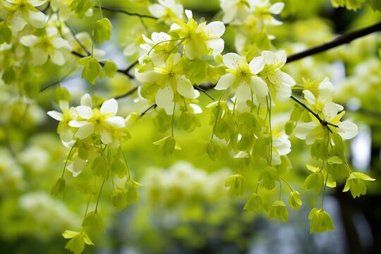 Delicate japanese snowbell flowers showcasing fresh spring growth on a tree branch