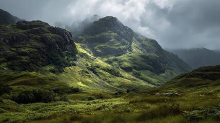 Dramatic Glencoe Valley Landscape Scottish Highlands with Moody Clouds, and Green Hills.