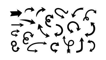 A diverse collection of hand-drawn style black arrows showcasing various directional indicators, curves, and unique shapes for design use.