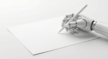 Robotic hand poised to create on blank white paper with stylus